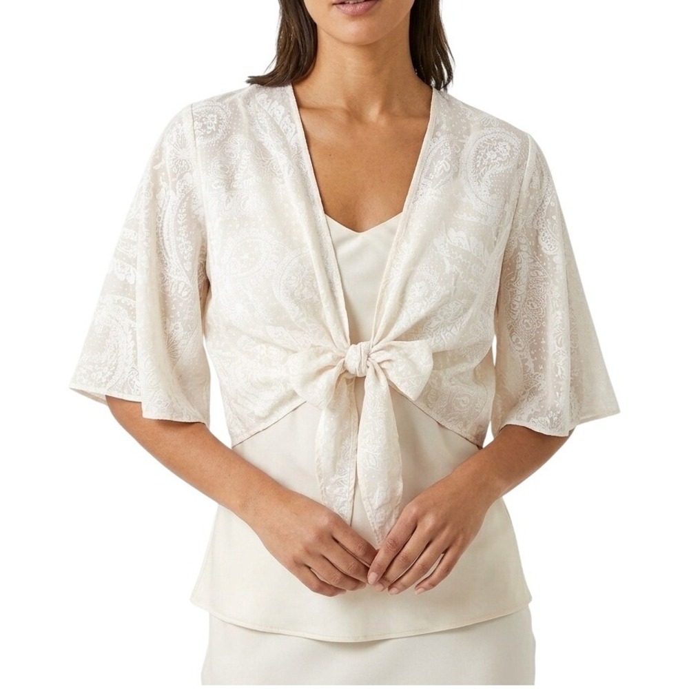 Wallis Cream Paisley Bell Sleeve Tie Front Cardigan Bolero‎ Size 12